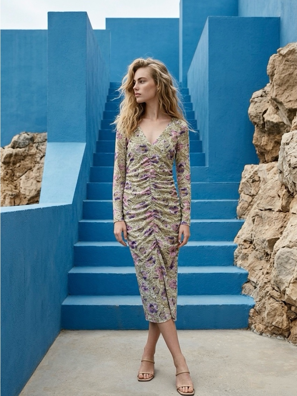 H&M Lavender Floral Ruched V-Neck Midi Dress
